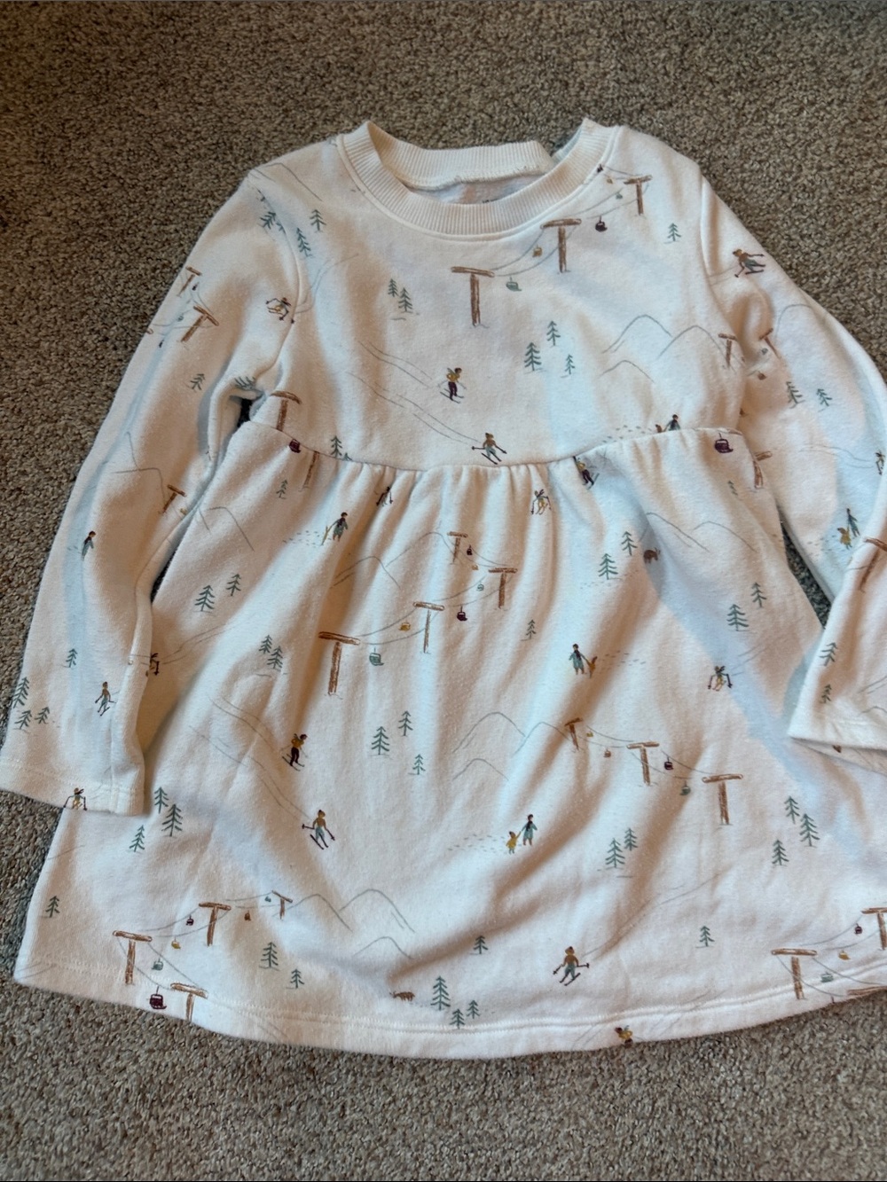 Cream Ski-Print Long Sleeve Dress for Girls